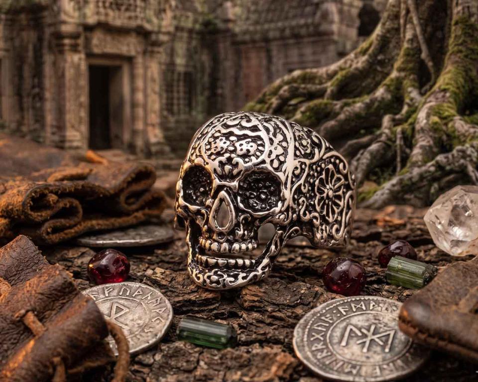 Flower skull head ring